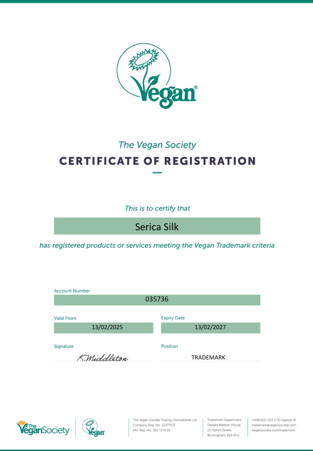 Vegan Society Certificate awarded to Serica Silk