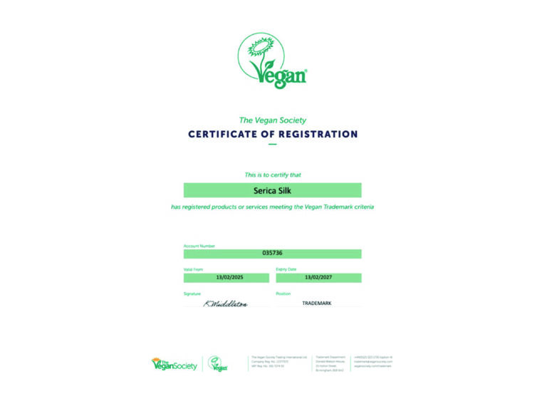 Serica Silk is now Vegan Society Certified
